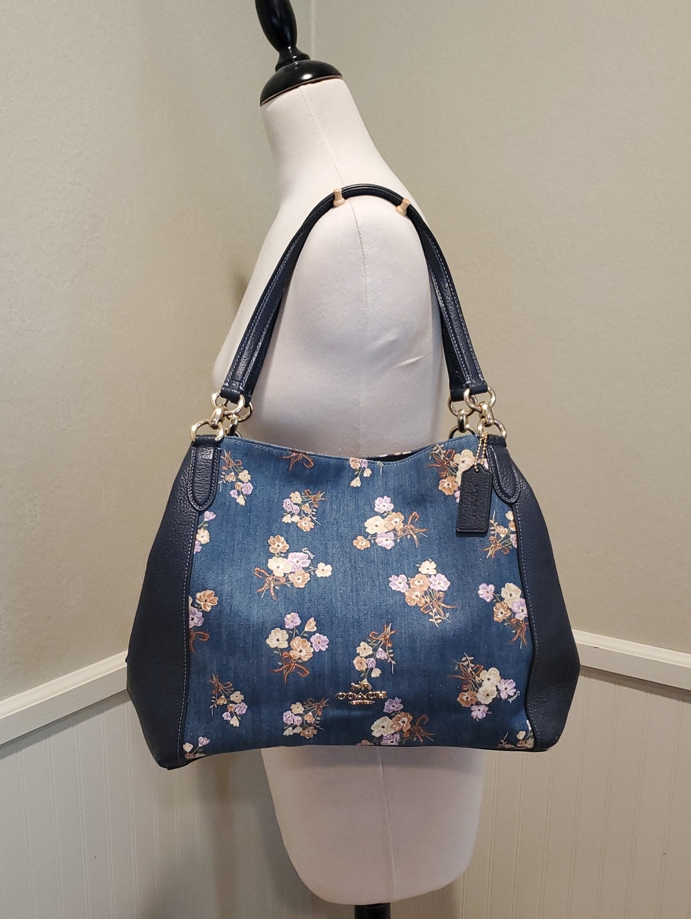 NEW Coach Denim Hallie Bag With Painted Floral - Picture 2 of 14